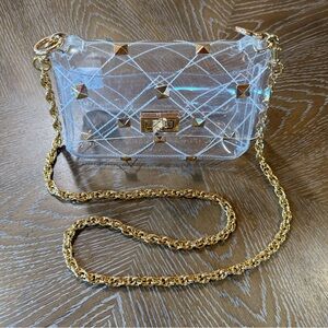 Clear Gold Studded Polyurethane Crossbody Removable Gold Chain Turn Lock Clasp